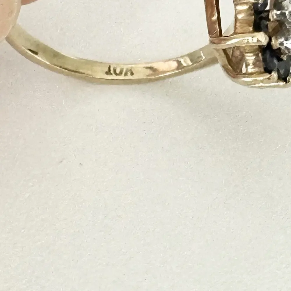 Vintage 10K Yellow Gold Sapphire & Diamond Halo Cluster Ladies Band Ring Size 6